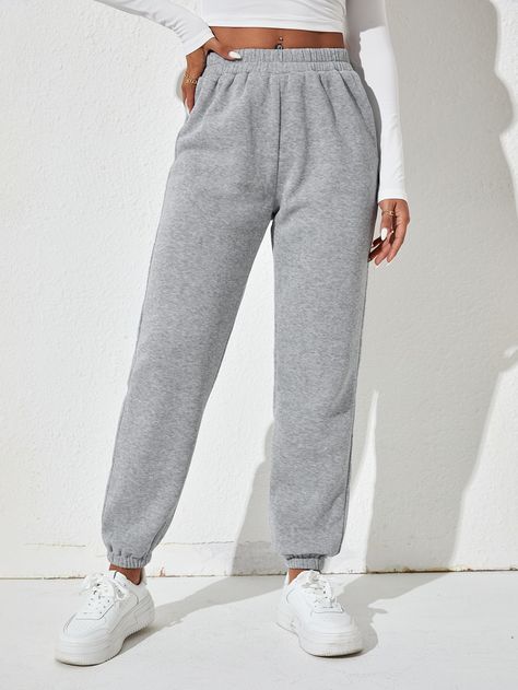 Light Grey  Collar  Fabric Plain  Embellished Medium Stretch Fall/Winter Women Bottoms Grey Sweats, Mode Boho, Grey Sweatpants, Grey Joggers, Womens Sweatpants, Inspiration Mode, Printed Sweatshirts, High Waisted Pants, Jogger Pants