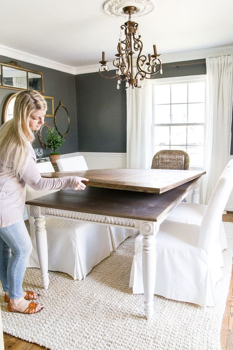 A tutorial for how to build a retrofitted table top to fit over any existing table using Minwax Dark Walnut stain. #build #furniturebuilding #tabletop #diningtable #diytable #farmhousetable #diyfurniture #woodworking #furnituremakeover #tablemakeover #minwax #woodstain #walnut Table Top Redo, Dining Table Redo, Farmhouse Table Top, Diy Esstisch, Dining Room Table Makeover, Minwax Dark Walnut, Diy Dining Room Table, Dining Table Makeover, Block House