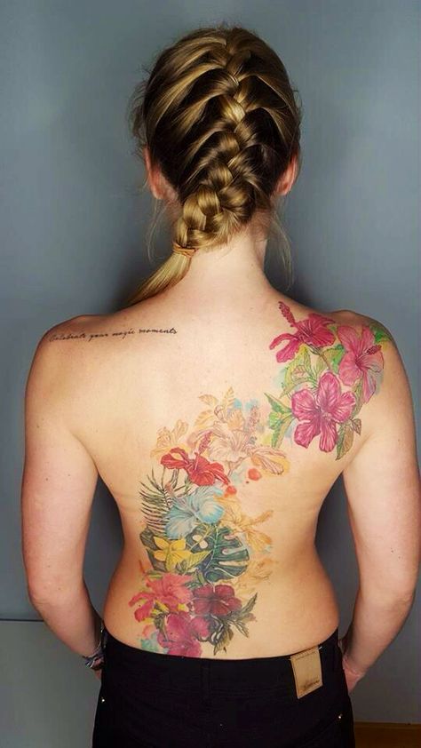 Women flower back tattoo, hawaii, surfing tattoo. Back Tattoo Women Full, Surfing Tattoo, Side Back Tattoos, Tattoo Gemini, Flower Back Tattoo, Colorful Flower Tattoo, Floral Back Tattoos, Tropical Tattoo, Surf Tattoo