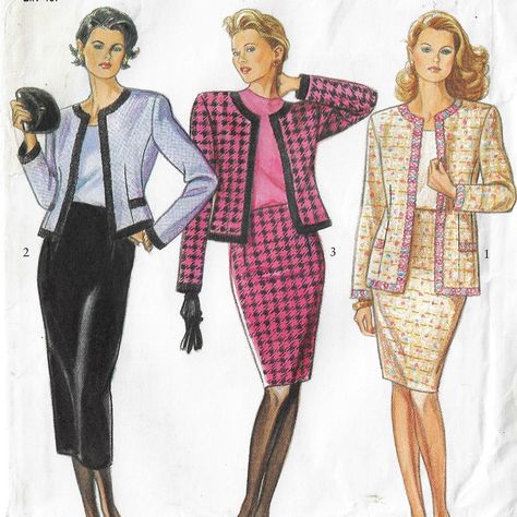 Misses Jacket & Skirt:  Package contains pattern pieces and instructions to make a lined, banded princess seam jacket, with length variations.  Contour waist, dart fitted skirt with back zipper, and length variations. Pattern printed by New Look circa 1990's, and is in factory folds.  This is an original sewing pattern with all of the original pattern pieces and instructions. This is NOT a PDF or copy, and is NOT the actual garment. Sizes 8 to 18 Bust 31 1/2 to 40 Waist 24 to 32 Hips 33 1/2 to 42 European Sizes 34 to 44 To see more 1990s sewing patterns, look here: https://www.etsy.com/shop/CloesCloset?section_id=18788231 1990s Fashion 90s Style, Princess Seam Jacket, Skirt Variations, Fashion Fairytale, Fashion 1990s, 80s And 90s Fashion, 20th Century Fashion, Couture Sewing Techniques, 1990s Fashion