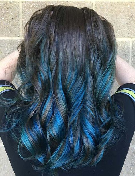 Highlight Ideas For Dark Brown Hair - Electric Blue Highlights Blue Highlights In Brown Hair, Ideas For Dark Brown Hair, Highlights In Brown Hair, Blue Balayage, Blue Brown Hair, Coffee Brown Hair, Blue Hair Highlights, Highlight Ideas, Blue Ombre Hair