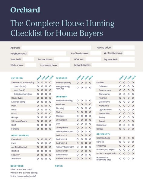 The Complete House Hunting Checklist | Free Printable List for Buyers Apartment Hunting Checklist Free Printable, House Hunting Checklist Free Printable, House Buying Checklist, Buying A House Checklist, Apartment Hunting Checklist, Hunting Checklist, House Hunting Checklist, Nursing Ideas, House Buying