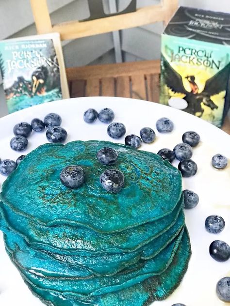 Percy Jackson and the Olympians Blue Pancakes - The WELLthy Mom Blog Percy Jackson Aesthetic Blue Food, Blue Percy Jackson Food, Blue Pancakes Percy Jackson, Blue Food Percy Jackson, Percy Jackson Blue Food, Percy Jackson Food, Blue Pancakes, Blue Pancake, Hangout Ideas