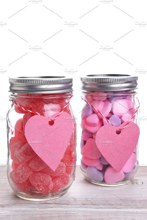 #Two Jars of Valentines Candy  Two canning jars filled with Valentines Day candy hearts. Vertical format with copy space. Valentines Day Candy Hearts, Passion Ideas, Guessing Jar, Lolly Jars, Valentines Day Candy, Valentines Candy, Jar Of Hearts, Personalized Mason Jars, Best Valentine Gift