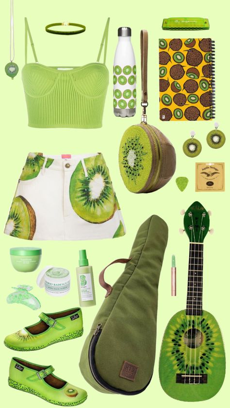 Fruits Series - no. 8 Kiwi #chartreuse #cuteoutfit #cute #green #music #ukulele #eclectic #skirt #fruit #kiwi Kiwi Outfit, Green Music, Green Outfit, No 8, Fruits And Veggies, Ukulele, Kiwi, Cute Outfits, Fruit