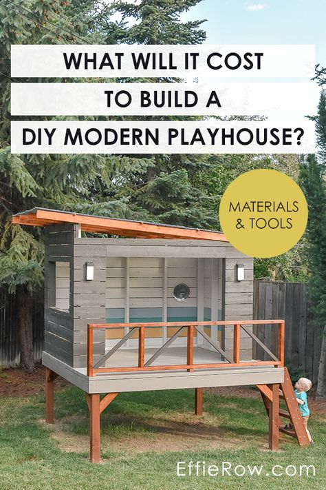 Diy Raised Playhouse, Gender Neutral Playhouse, Playhouse Shed Ideas, Diy Modern Playhouse, Modern Playhouse Outdoor, Modern Kids Playhouse, Kid Playhouse, Simple Playhouse, Modern Playhouse