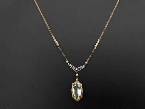 Antique 10k Gold Green Uranium Glass Spinel & Seed Pearl Lavalier Necklace - 16" by ThingsGrandmaKept on Etsy Lavalier Necklace, Unique Packaging, Vaseline Glass, Seed Pearl, Vaseline, 10k Gold, Estate Jewelry, Vintage Gold, Prong Setting