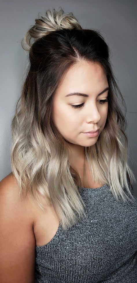 Silver ombre hair by @thechelvis Silver rooted balayage  Tampa,fl Long bob messy top knot bun Long Root Balayage, Brunette With Silver Balayage, Dark Hair With Platinum Balayage, Dark Roots Ombre Hair, Dark Roots Blonde Hair Ombre, Dark Roots Blonde Hair Medium Length, Hair Color Ideas For Short Hair Ombre, Ombré Silver Hair, Ombre Melt Hair