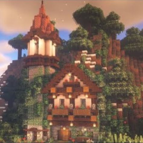 Minecraft House Ideas Side Of Mountain, Mountain Cottage Minecraft, Mountains House Minecraft, No Mod Minecraft House, Minecraft House On Mountain Side, Minecraft Building Ideas Mountain Side, Minecraft House On Side Of Mountain, Mountain Cliff House Minecraft, Minecraft Stairs Ideas Cottagecore