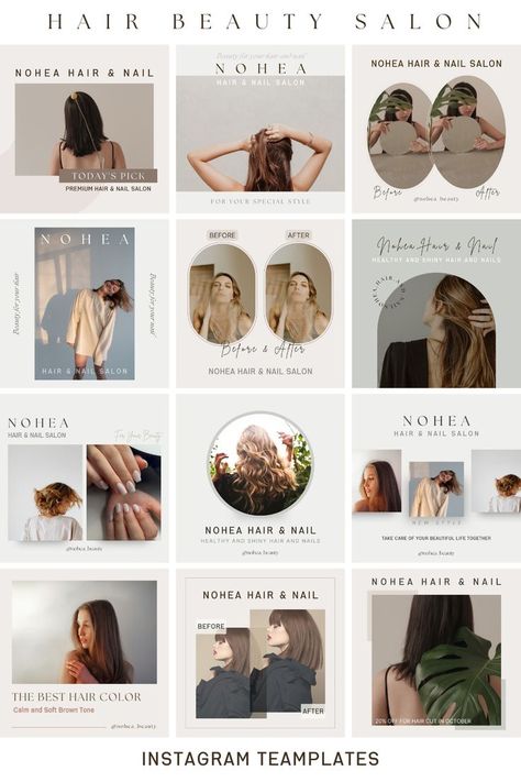 * Modern Hair Stylist Instagram Post Template Canva | Nail Tech Beauty Salon Social Media | Hair Care Business | Skincare Promotion | Lashes | Lash Artist | Neutral | Minimal | Coaches | Engagement | Content Creators | Spa | Esthetician  ✔ 30 Instagram post templates  Start branding your small business with this Instagram template! This design is specially made for Hair Stylist, Beauty Salon, Nail Salon, Lash Artist, Esthetician, and Skincare Shop. Haircare Instagram Post Ideas, Hairdressing Instagram Ideas, Beauty Salon Social Media Posts, Instagram Hair Page Ideas, Beauty Salon Instagram Posts, Beauty Salon Instagram Feed, Hair Salon Social Media Posts, Hair Salon Instagram Feed, Before After Template