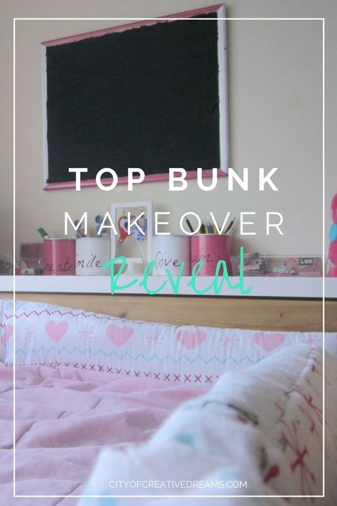 Top Bunk Makeover Reveal | City of Creative Dreams, bunk bed with desk, bunk bed for girls room, bunk bed diy, bunk bed ikea Top Bunk Ideas, Bunk Bed Curtains Diy, Bunk Bed Shelf Ideas, Bunk Beds Decor Ideas, Bunk Bed Decorating Ideas Lights, Bunk Bed Makeover, Bunk Bed Organization, Teen Bunk Beds, Bunk Bed Decor