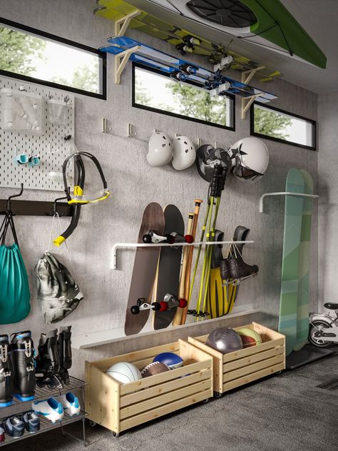 6 garage ideas to maximize space - IKEA Garage Storage Ikea Hacks, Organized Spaces, Garage Storage Inspiration, Gear Room, Sports Storage, Garage Organization Tips, Garage Organisation, Bath Photography, Storage Inspiration