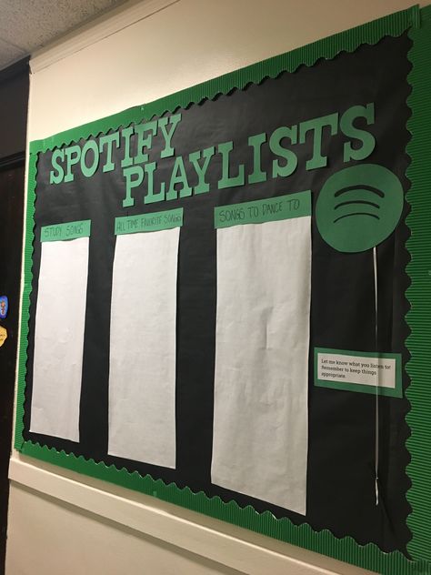 Cute Music Bulletin Boards, Robotics Classroom Design, Bulliten Board Ideas For High School, Spotify Playlist Bulletin Board, Interactive Board Ideas, Junior Hallway Themes, High School Musical Bulletin Boards, Music Ra Bulletin Boards, High School Senior Bulletin Board Ideas