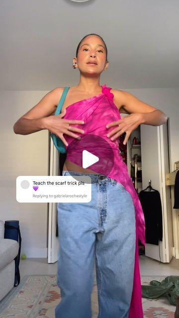 luiza solano on Instagram: "DIY scarf top 💖  Here are a few tips to help you on your diy scarf top journey 😚  - give yourself time to experiment & play, don’t wait until right before the function  - keep an open mind, it will look a little different every time you do it - hit up the thrifts for unique high quality scarves   #scarftop #tietop #diyclothes #vintageaccessories #highlowfashion #secondhandstyle #thriftfinds   -" Scarf Top Outfit Black Women, Scarf Blouse Diy, How To Tie Scarf Top, How To Style A Scarf As A Top, Long Scarf Top, Scarf Shirt Diy, How To Tie A Scarf As A Top, Long Sleeve Diy, Scarf Top Diy