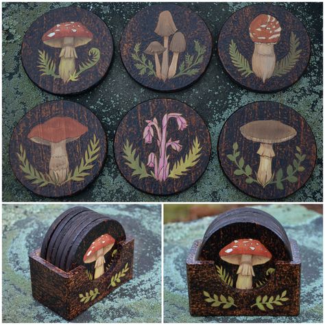 Mushroom & Ferns ~ Wood Burn Coaster Set ~ Six Piece ~ Coaster Set Ideas, Clay Coasters Diy, Coaster Painting Ideas, Mushroom Coaster, Painting Board, Clay Inspo, Wood Slice Art, Magic Design, Market Stall