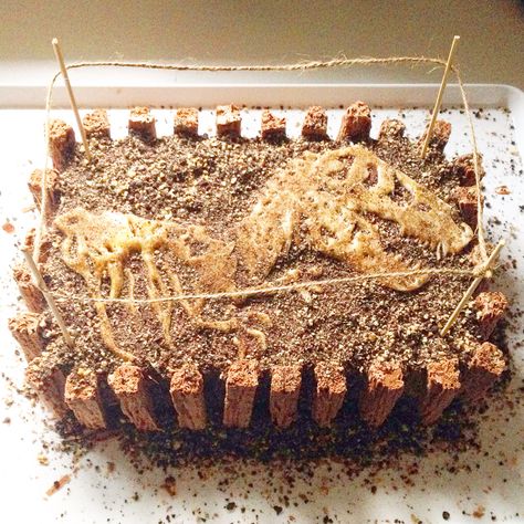 Bodhi's T-Rex fossil cake that I made for his 5th birthday. Chocolate Brownie cake with Chocolate Buttercream frosting, Oreo & Nice biscuits crushed to look like dirt, and white fondant used for the T-Rex fossil which I drew & cut out + stained with tea so it looked more bone like. Skewers & twine to finish off. So much fun to make! Dinosaur Fossil Cake, Fossil Cake, Dinosaur Things, Dinosaur Party Food, Jurassic Birthday, Dinosaur Cakes, Nice Biscuits, Jurassic Park Birthday Party, Luke James