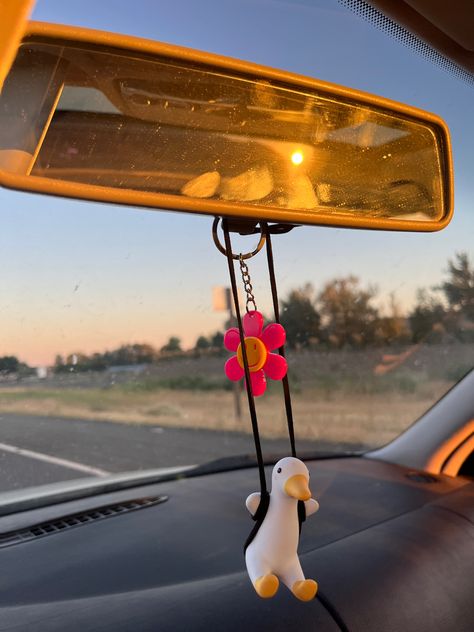 car, car decorations, flower keychain, swinging duck, Duck Car Decor, Duck Car Accessories, Funny Car Decor, Keychain Duck, Small Frog, Girly Car Accessories, Car Things, Frog Sitting, Flower Keychain