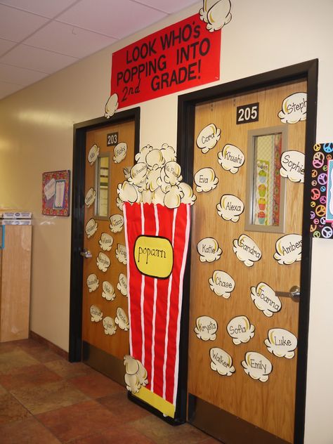 Look Who's Popping into 2nd Grade! How about this for our shared bulletin board Julie K.? Class Room Door, Room Door Ideas, Popcorn Theme, Bored Teachers, Classroom Welcome, School Door Decorations, School Doors, Teacher Doors, Door Decorations Classroom