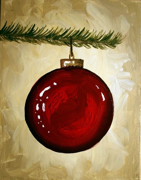 big red ornament on Christmas Tree limb Canvas Painting Projects, Christmas Paintings On Canvas, Christmas Tree Painting, Holiday Painting, Red Ornaments, Christmas Canvas, Night Painting, Christmas Paintings, Christmas Watercolor