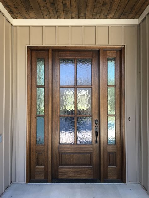 Mahogany front door with privacy glass. See more pictures on instagram @buildingbulleycreek Stain Front Door Wood, Grey House With Wood Door, Landscaping By Front Door, Rustic Front Doors, Front Door Glass Panel, Pilot View, Front Door Entrance Ideas, Mahogany Front Door, Vstupná Hala