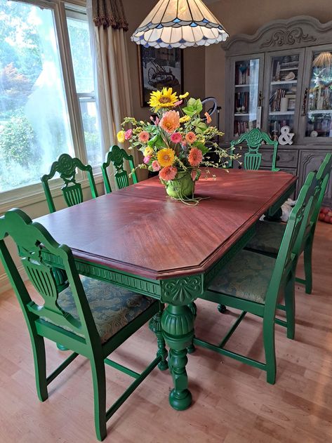 RARE FIND. Vintage Jacobean dining table with 5 chairs plus1 captain's chair. Made of solid walnut. Top is cross-cut design and refinished with food safe and water stain safe finish. Newly re-upholstered chairs. Expandable leaf lifts up from bottom of tabletop. Local pickup only. Chair Update Diy, Reholster Dining Chair, Antique Table And Chairs Makeover, Eclectic Kitchen Table And Chairs, 20 Person Thanksgiving Table, Colorful Dining Room Table, Mexican Dining Room Hacienda Style, Repurposed Dining Chairs, Painted Dinner Table