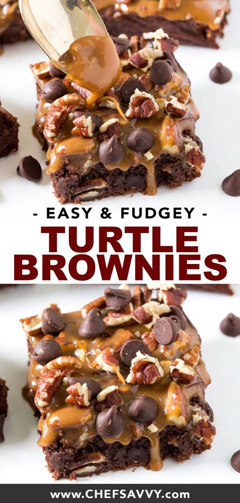 Amazing Thick and Fudgey Turtle Brownies layered with caramel sauce, pecans and chocolate chips. A super decadent dessert. Share them with friends this Christmas! | chefsavvy.com #turtle #brownies #dessert #chocolate Turtle Brownie, Turtle Brownies, Brownies Recipe Homemade, Brownie Cupcakes, Slow Cooker Desserts, Brownie Desserts, Cheesecake Brownies, Layer Cakes, Fudge Brownies