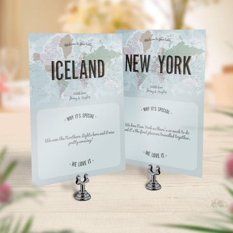 Our travel theme wedding place names are perfect for travel lovers modern or classic wedding. Printed on luxurious quality card they are unique in their design. They are custom made using your own message at the bottom. Let your guest know what each place means to you! ● Choose Vintage Table Numbers, Aviation Wedding, Vintage Travel Themes, Reception Styling, Wedding Table Themes, Table Chart, Vintage Wedding Table, Wedding Place Names, Wedding Table Names