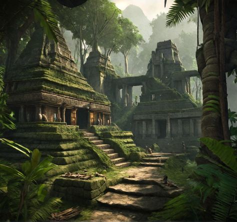 An lost ancient city, hidden in an overgrown jungle. What secrets are hidden within the temples? Rainforest City Fantasy Art, Temple In Jungle, Fantasy Jungle City, Jungle Temple Art, Aztec Village, Overgrown City, Jungle Ruins, Lizardmen Warhammer, Fantasy Jungle