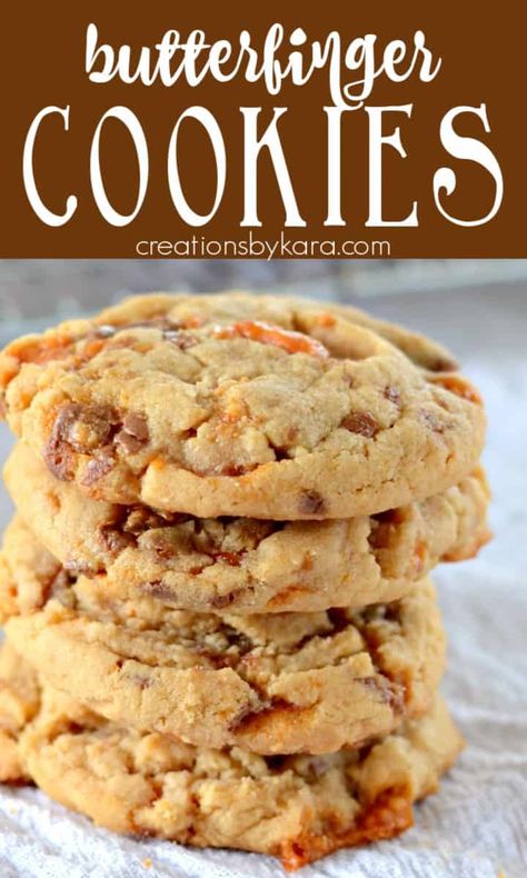 Butterfinger Peanut Butter Cookies, Butterfinger Chips Recipes, Cookies With Butterfinger Bits, Peanut Butter Butterfinger Cookies, Butterfinger Pieces Recipes, Butter Finger Cookies Recipe, Cookies Made With Candy Bars, Butterfinger Bits Cookies, Butterfinger Bits Recipes