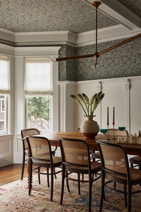 This 1913 Edwardian Home Got a Playful & Timeless Refresh - The Interior Collective Colorful Dining Room Ideas, Boho Dining Room Ideas, Dining Room Colorful, Edwardian Home, Cane Chairs, Dining Room Design Ideas, Cottage Dining Rooms, Boho Dining Room, Eclectic Dining Room