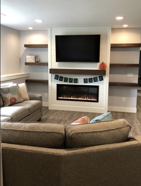 Fireplace With Entertainment Center, Tv Wall Mount With Fireplace, Fireplace Tv Wall Floating Shelves, Electric Fireplace With Mantel And Tv, Electric Fireplace Ideas Farmhouse, Electric Fireplace Floating Shelves, Entertainment Fireplace Center Ideas, Electric Fireplace With Shelves On Side, Wall Mount Fireplace And Tv