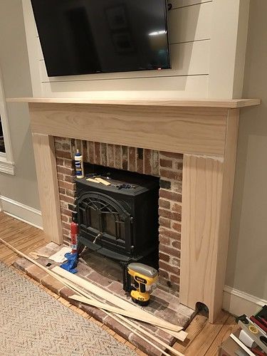 A Custom DIY Fireplace Mantel Beneath Our Shiplap - Old Town Home Mantel For Brick Fireplace, Add Surround To Brick Fireplace, Easy Fireplace Mantle Diy, How To Build Fireplace Surround, Making A Faux Fireplace, How To Make Fireplace, How To Build A Mantel For Fireplace, Build Fireplace Surround, Easy Diy Mantle