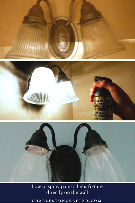 How to Update a light fixture with spray paint - charleston crafted Spray Painting Light Fixtures, Half Bathroom Makeover, Sink Makeover, Pretty Bath, Light Fixture Makeover, Painting Light Fixtures, House Improvement, Metal Light Fixture, Diy Light Fixtures