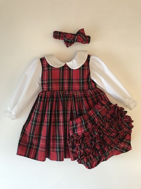 Tartan dress with white collar and long sleeves, matching headband and frilly knickers available, 0-3m up to 6y Red Tartan Dress, Frilly Knickers, Baby Girls Dresses, Christmas Dress Baby, Baby Frock Pattern, White Long Sleeves, Spring Birthday, Stewart Tartan