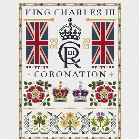 Charles Iii Coronation, Stitch Sampler, Royal Crowns, Tudor Rose, King Charles Iii, British Flag, Cross Stitch Samplers, Free Cross Stitch, Printable Patterns