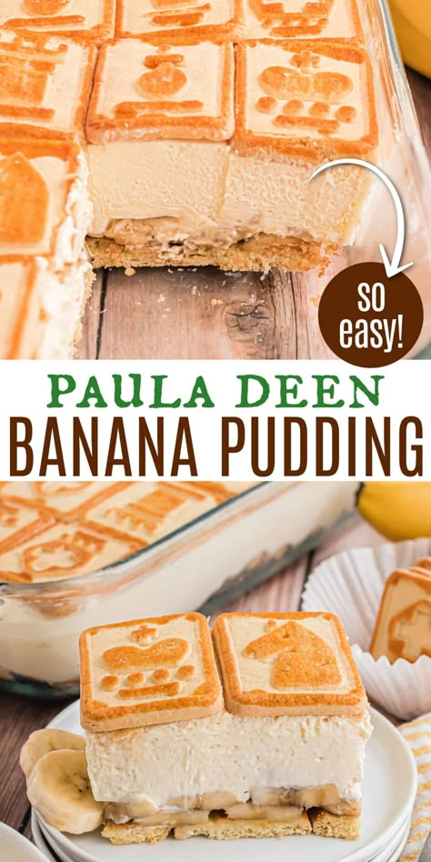 This creamy, rich Banana Pudding Recipe is a delicious, no-bake dessert! Perfect for weeknights or potlucks, everyone will LOVE this classic recipe! A delicious Paula Deen recipe featuring banana pudding and chessmen cookies! Creamy Banana Pudding Recipe, Paula Deen Banana Pudding, Paula Deen Banana Pudding Recipe, Creamy Banana Pudding, Banana Pudding Ingredients, Chessmen Cookies, Banana Pudding Desserts, No Bake Banana Pudding, Banana Pudding Recipe