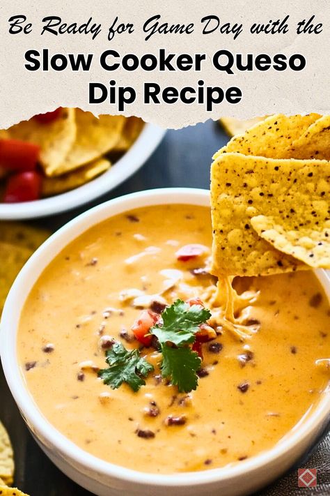 Get ready for the big game with this delicious slow cooker queso dip recipe! Perfect for any party or gathering, this easy-to-make recipe combines creamy cheese, flavorful spices, and just the right amount of heat. Ideal for those looking for crowd-pleasing slow cooker recipes. Save this pin for later to impress your guests with a warm and cheesy dip that pairs perfectly with chips or veggies! Click to discover more slow cooker game day ideas. Slow Cooker Queso Dip, Game Day Ideas, Slow Cooker Queso, Multigrain Chips, Queso Dip Recipe, Baked Pita Chips, Grilled Chicken Strips, Queso Dip Recipes, Cheesy Dip