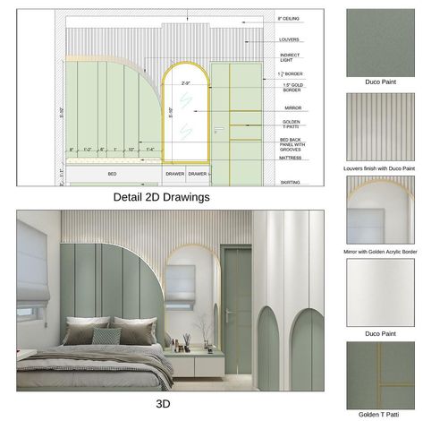 Bedroom Elevation, Modern Interior Style, Type Of Kitchen, Material Sheet Interior Design, Wall Design For Bedroom, Wardrobe Section, Walldraw Design Bedroom, Bed Elevation, Elevation Drawing Interior