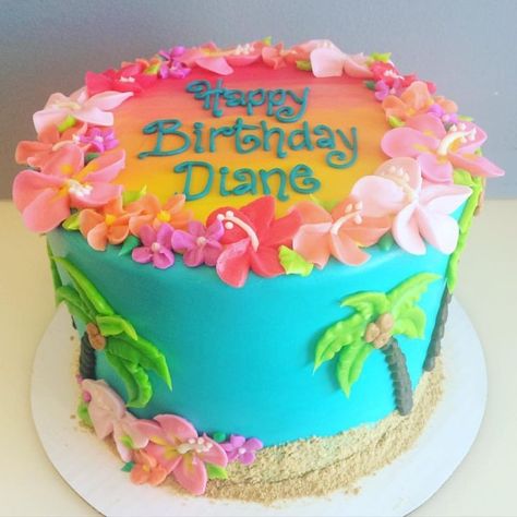 Happy Birthday Diane! Hawaii Birthday Cake, Hawaiian Birthday Cake, Hawaiian Theme Cakes, Hawaiian Birthday Cakes, Tropical Birthday Cake, Beach Birthday Cake, Hawaii Cake, Hawaiian Cake, Luau Birthday Party