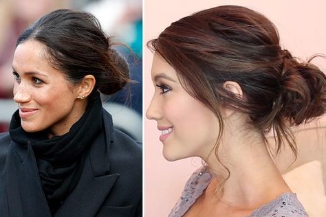 While Kate Middleton is most known for her big, bouncy hair dos, Meghan is proving one of her favourite looks is a casual, messy bun Meghan Markle Hair, Hairstyle Easy, Bouncy Hair, A Messy Bun, Medium Bob Hairstyles, Messy Bun Hairstyles, Easy Hairstyle, Short Hair Tutorial, Braided Hairstyles Tutorials