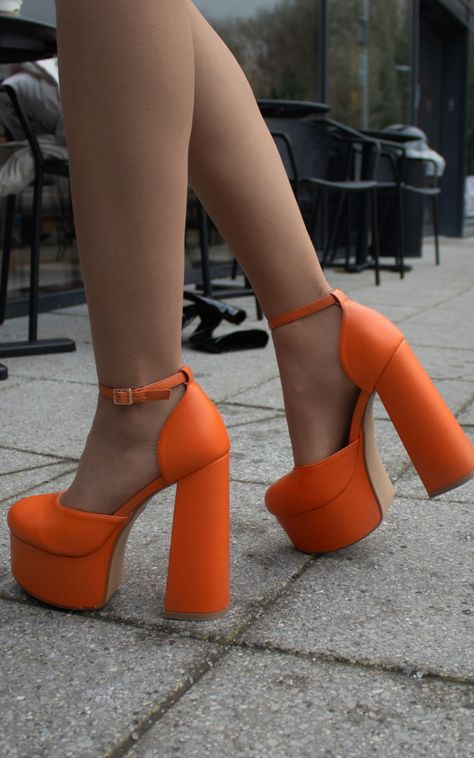 Ootd Heels, Orange High Heels, Chunky Platform Heels, Orange Heels, Orange Shoes, Platform Block Heels, Platform Heels Chunky, Bridesmaid Wedding, Platform High Heels