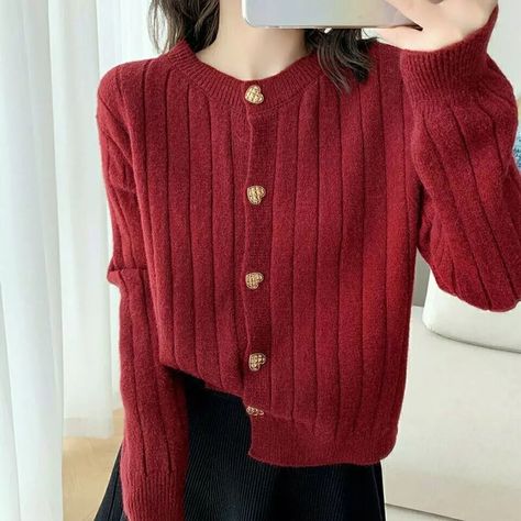 Simple And Beautiful Cardigan With Heart Buttons! Comfortable And Soft Cream White Available In My Shop Girls Corset, Knit Sweater Women, Burgundy Cardigan, Christmas Dress Women, Autumn Sleeve, Sweater Autumn, Heart Button, Solid Red, Red Long Sleeve