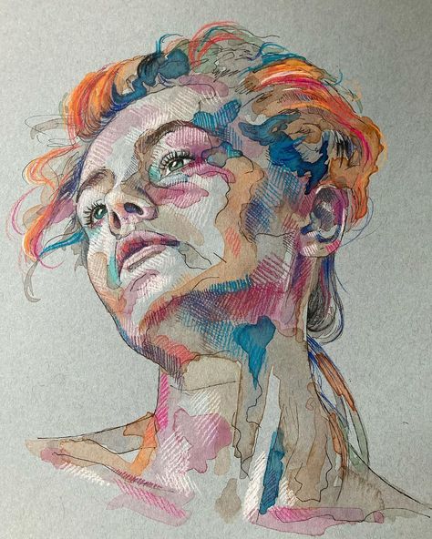 Kirsten Britt sur Instagram : Judith. Watercolour and pastels on toned cardstock. This one was a tricky angle but it was such a joy to embrace the challenge! I really… Hatching Drawing Color Pencil, Colorful Portrait Drawing, Colorful Sketches, Drawn Portraits, Portraits Art, Bright Paintings, Oil Pastel Art, Arte Sketchbook, Portrait Sketches