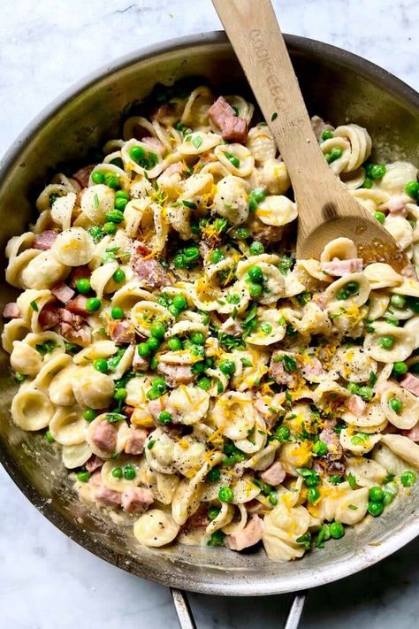 Creamy Lemon Pasta with Ham and Peas | foodiecrush.com Pea Ham Pasta, Ham Pea Pasta, Pea And Ham Pasta, Ham And Peas Pasta, Pasta With Ham And Peas, Ham Pasta Recipes, Ham Peas And Pasta, Sides Potatoes, Pasta Ham