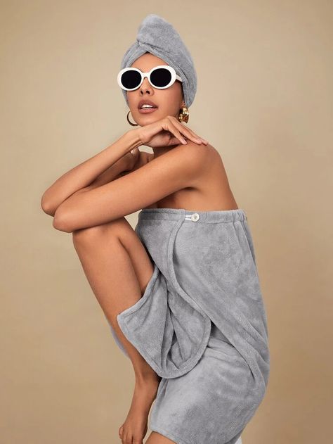 SHEIN BASIC LIVING Exclusive Quick Dry Microfiber Adjustable Spa Bath Body Wrap Towel Holiday Gift—Cool Gray | SHEIN USA Hair Turban Towel, Turban Towel, Towel Turban, Kit Spa, Bath Wrap, My Calvins, Photoshoot Pose, Model Shoot, Hair Turban