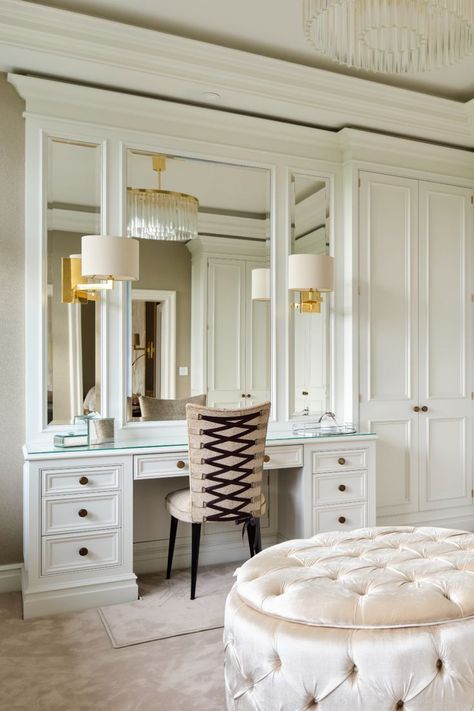 Bespoke dressing room in white with dressing table  with drawers & full height mirrors by Hetherington Newman as part of a Victorian house renovation. Dressing Tables With Mirror, White Victorian Bedroom, Dressing Table Ideas Bedroom, Dressing Table Design Bedrooms, Victorian House Renovation, Contemporary Style Interior, Bedroom Built Ins, Dressing Table With Drawers, White Dressing Tables