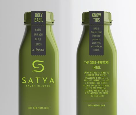 Satya Juice on Packaging of the World - Creative Package Design Gallery Juice Design, Healthy Beverages, Packaging System, Juice Packaging, Cold Press Juicer, Meaningful Names, Brand Architecture, Consumer Packaging, Pressed Juice