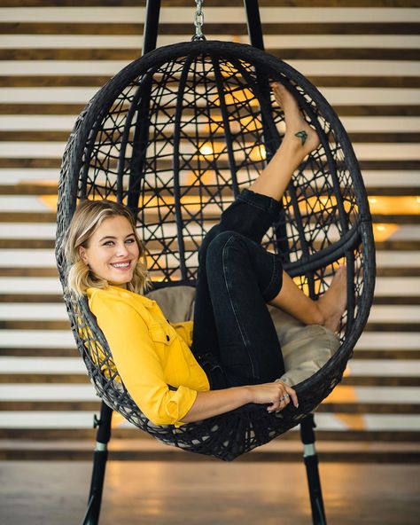 Swiss Decor, Chair Poses, Tiera Skovbye, Boudiour Poses, Megan Park, Chair Photography, Hanging Chair With Stand, Chair Pose, Portrait Photoshoot