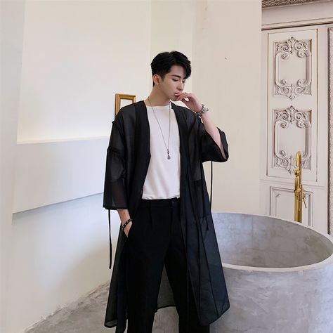 Men Translucent Mesh Trench Coat Male Japan Streetwear Punk Gothic Hip Hop Long Cardigan Jacket Chinese Fashion Men, Gothic Fashion Casual, Chinese Streetwear, Asian Streetwear, Japan Streetwear, Men's Trench Coat, Mens Cardigan, Japan Fashion, Asian Style