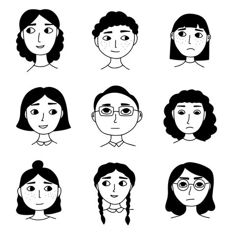 Faces Illustration Simple, Doodle Face Art, Simple Face Drawing Cartoon, Doodle Faces Expressions, Face Illustration Simple, Doodle Characters People, People Illustration Simple, Simple Face Illustration, Simple Cartoon Face